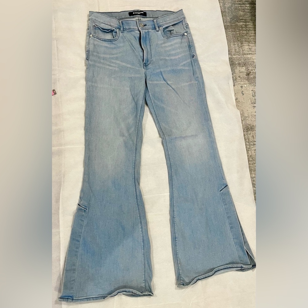 Express Light Blue Flare Jeans | High Rise Denim w/ Slit Hem | Size 10R Waist 31